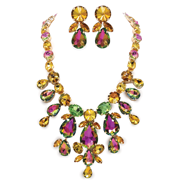 Gorgeous Sparkling Iridescent Oil Spill Stones Gold-Toned Stone Cable Chain Necklace Set