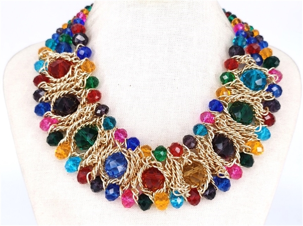 Fashion Sparkling Multi-Colored Crystal Beads Bohemian Style Gold Toned Necklace