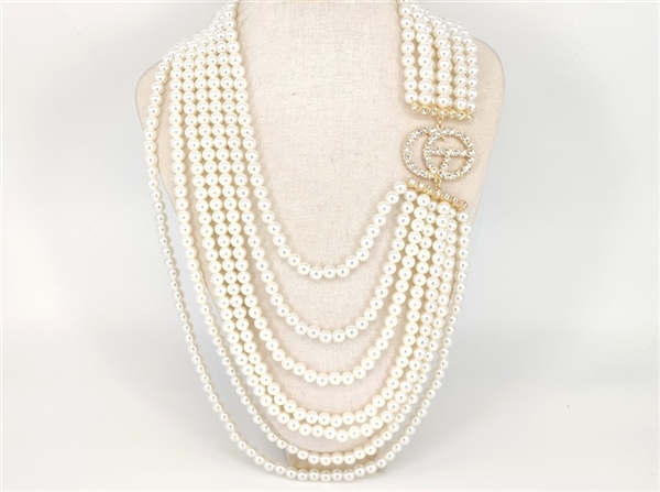 Stylish Long Layered Cream Pearl Diamond Crystal Gold Tone Necklace