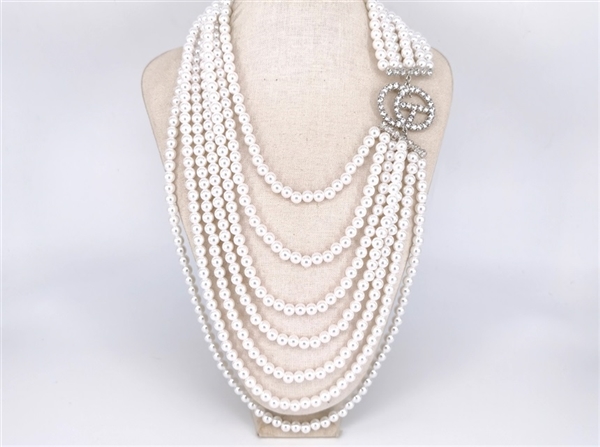 Stylish Long Layered White Pearl Diamond Crystal Silver Tone Necklace