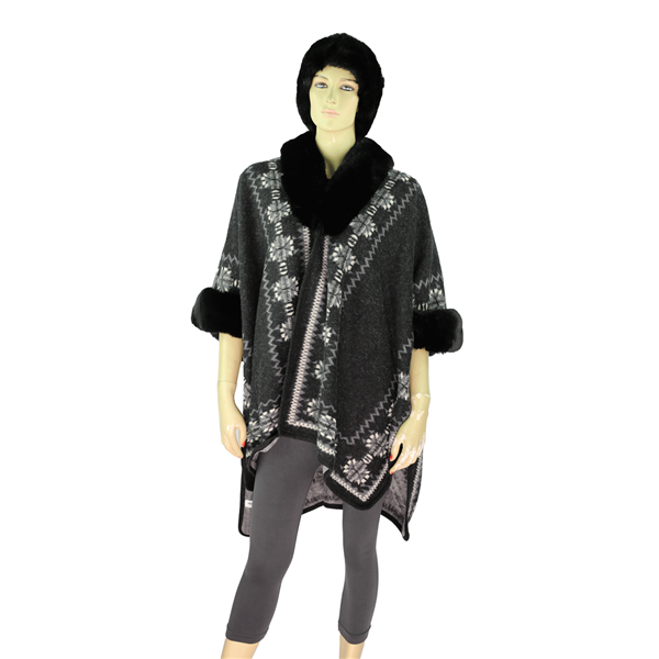 Black Warm & Cozy Thick Western Mixed Patterned Black Fur Collar Cape Poncho