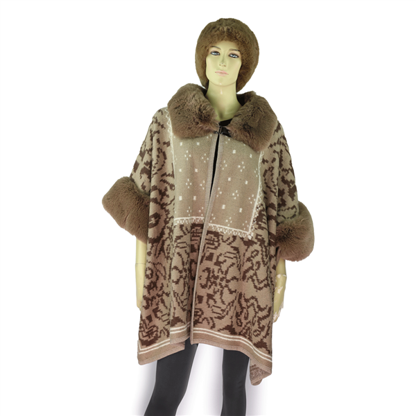 Khaki Warm & Cozy Thick Multi Mixed Patterned Khaki Fur Collar Cape Poncho