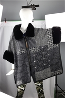 Black Warm & Cozy Thick Mixed Multi-Patterned Black Fur Collar Cape Poncho