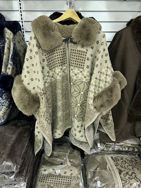 Khaki Warm & Cozy Thick Mixed Multi-Patterned Light Brown Fur Collar Cape Poncho