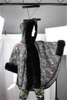 Black Warm & Cozy Thick Paisley Mixed Patterned Black Fur Collar Cape Poncho