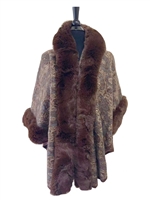 Brown Warm & Cozy Thick Paisley Mixed Patterned Brown Fur Collar Cape Poncho