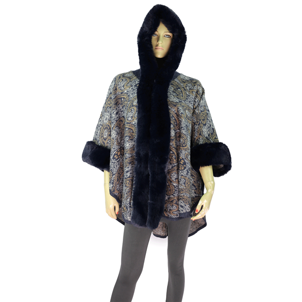 Navy Warm & Cozy Thick Paisley Mixed Patterned Navy Fur Collar Cape Poncho