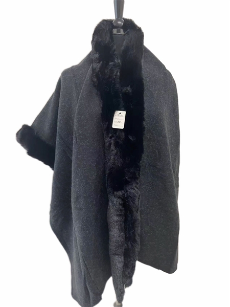 Black Warm & Cozy Black Fur Collar Cape Poncho