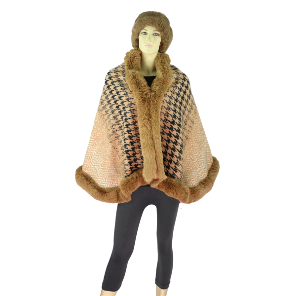 Khaki Warm & Cozy Patterned Khaki Fur Collar Cape Poncho