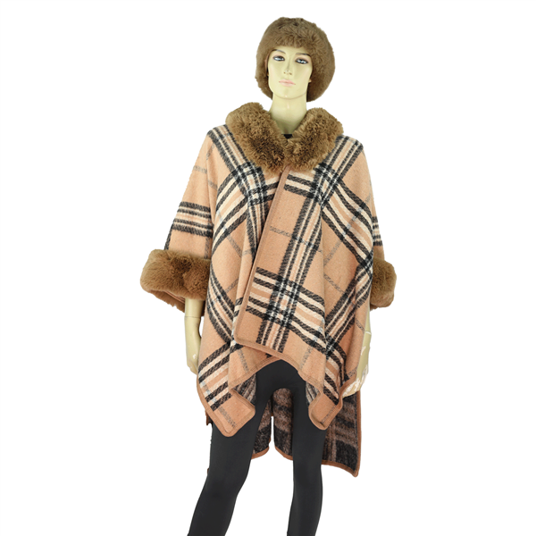 Warm & Cozy Thick Burberry-Inspired Plaid Pattern Fur Collar Cape Poncho