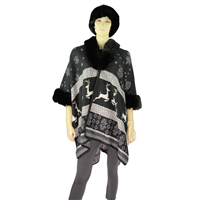 Warm & Cozy Thick Mixed-Color Ugly Christmas Sweater Inspired Pattern Fur Collar Cape Poncho