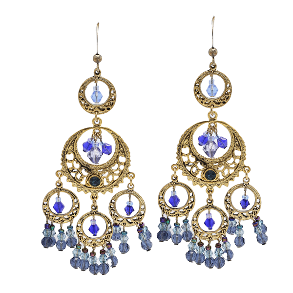 Stylish Decorative Colored Beads & Crystals Gold-Tone Fish Hook Chandelier Earrings
