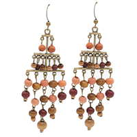 Stylish Earth-Tone Faux Wood Beads Tiered Design Gold-Tone Fish Hook Chandelier Earrings