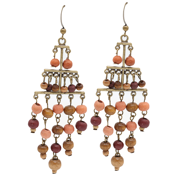 Stylish Earth-Tone Faux Wood Beads Tiered Design Gold-Tone Fish Hook Chandelier Earrings
