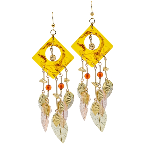 Stylish Beads & Translucent Feathers Acrylic Diamond Shaped Gold-Toned Fish Hooks Dangle Earrings