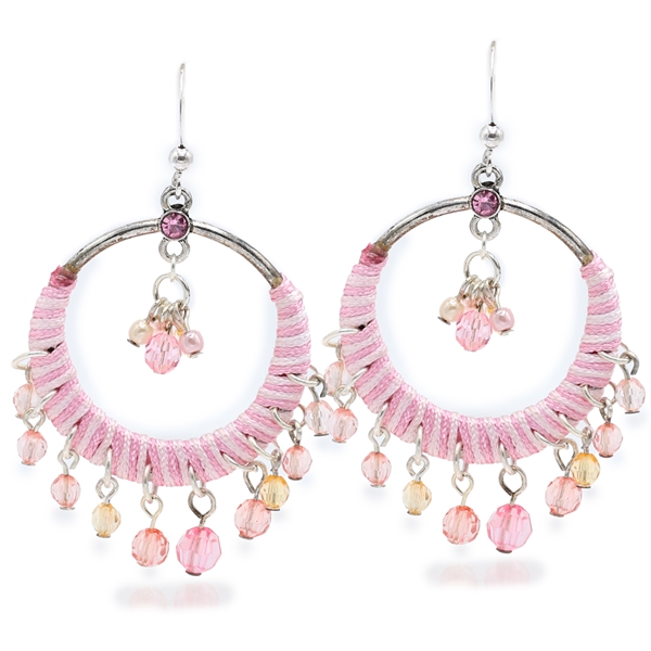 Stylish Rose Crystal & Translucent Faceted Beads Silver-Toned Circle Shaped Fish Hooks Dangle Earrings