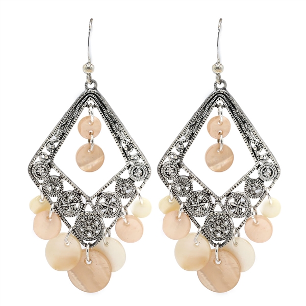 Fashion Ivory & Light Pink Round Acrylic Charms Silver Tone Diamond-Shaped Fish Hook Dangle Earrings