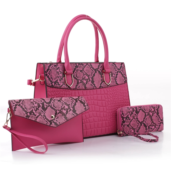 Fashion & Trendy Half Fuchsia/Black Faux Python Snake Skin & Half Fuchsia Snake Texture Satchel Shoulder Tote Handbag Set