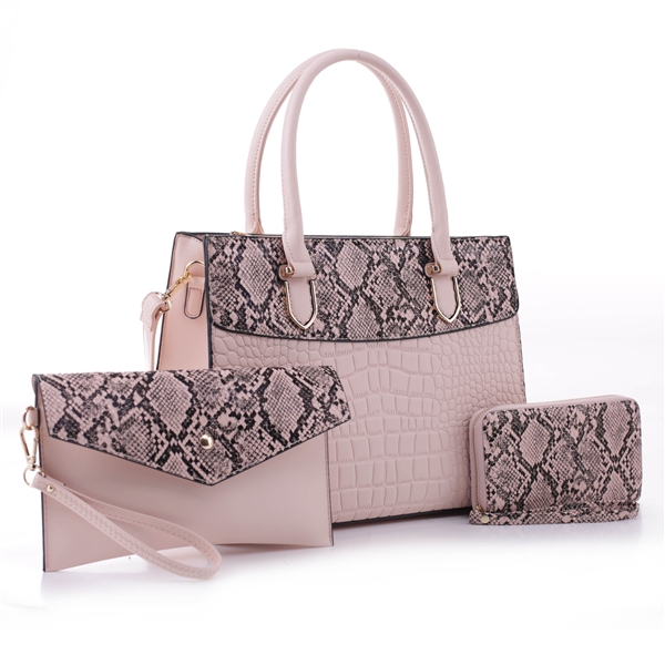 Fashion & Trendy Half Light Pink/Black Faux Python Snake Skin & Half Light Pink Snake Texture Satchel Shoulder Tote Handbag Set
