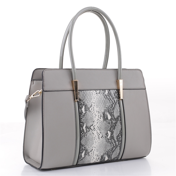 Elegant & Exquisite Gray Faux Leather & Faux Python Snake Strip Satchel Shoulder Tote Handbag