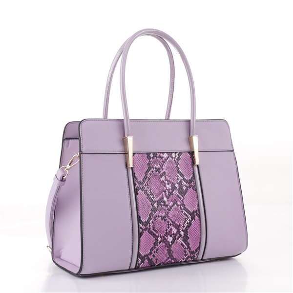 Elegant & Exquisite Lilac Faux Leather & Faux Python Snake Strip Satchel Shoulder Tote Handbag