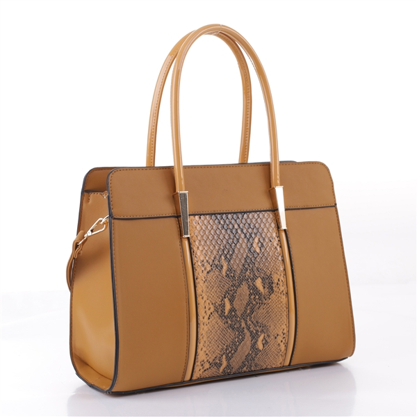 Elegant & Exquisite Mustard Faux Leather & Faux Python Snake Strip Satchel Shoulder Tote Handbag