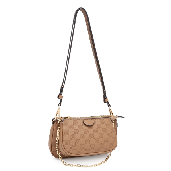 Fashion & Stylish Khaki Stitched Checkered Faux Leather Crossbody