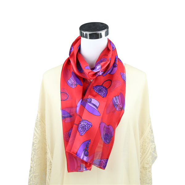 Sassy Violet Hat & Purse Printed Red Silk Scarf