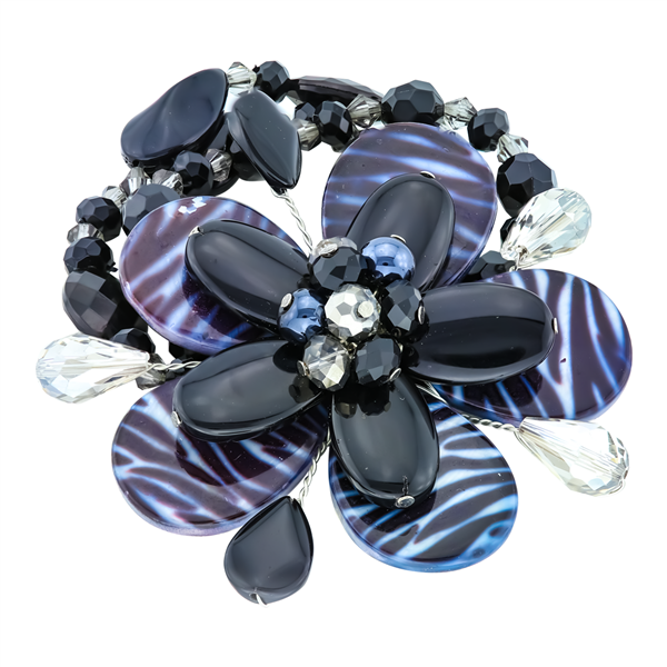 Stylish Bohemian Crystal Beaded Black & Blue Zebra Pattern Stone Flower Stretch Bracelet