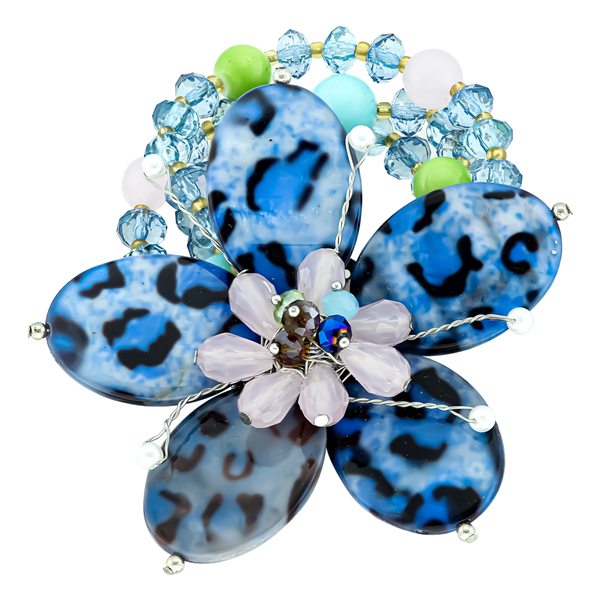 Stylish Bohemian Crystal Beaded Black & Blue Leopard Pattern Stone Flower Stretch Bracelet