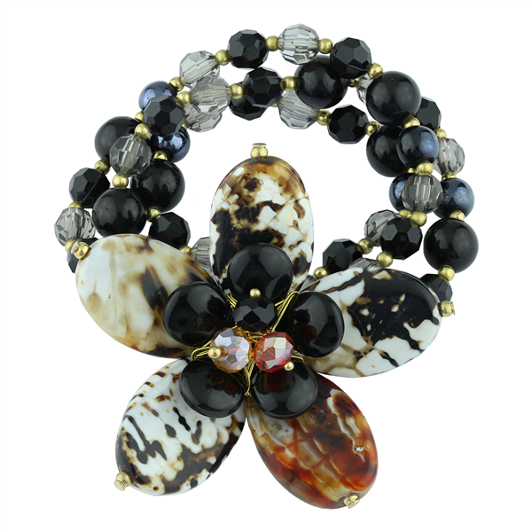 Black & Gray Crystal Stone Spotted Mixed Flower Stretch Bracelet