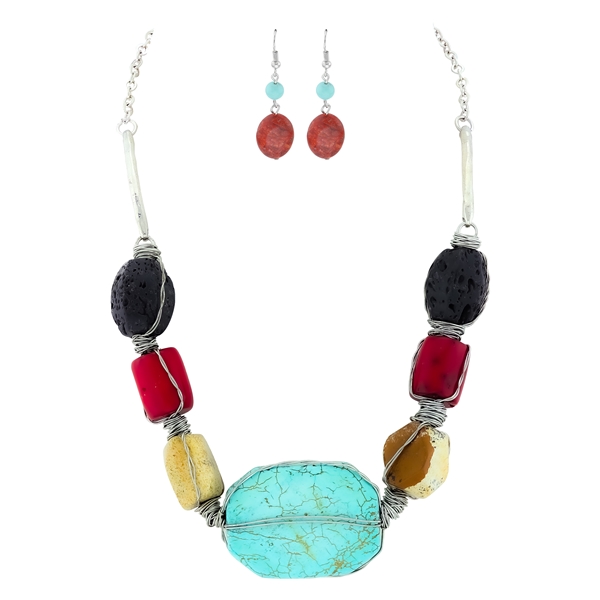 Bohemian Multi-Colored Textured Stone Silver Wired Post Dangle Earrings Necklace Set