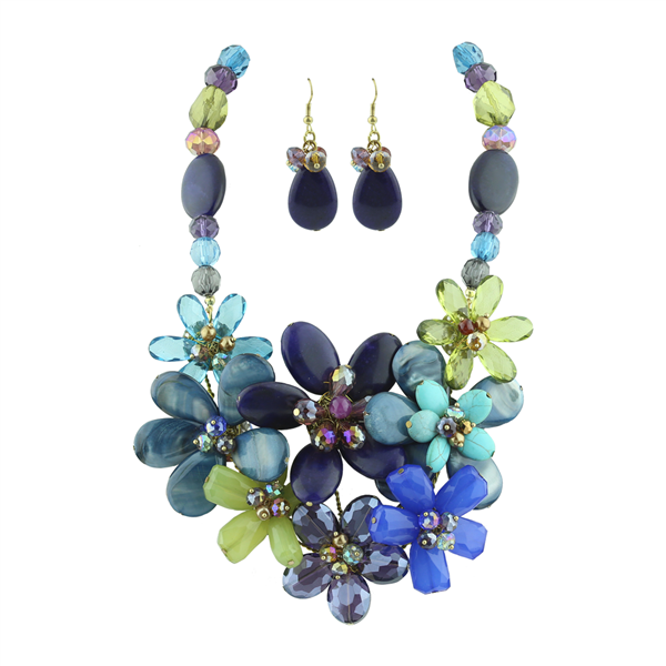 Colorful Blue Mix Floral Statement Stone Necklace Set