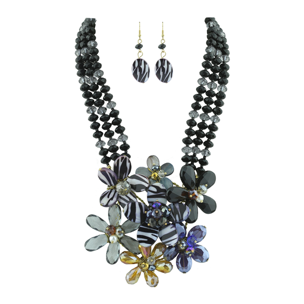 Black, Gray & A Pop Of Color Floral Statement Stone Striped Necklace Set