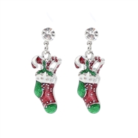 Fashion Holiday Season Christmas Stocking Crystal Post Drop Earrings