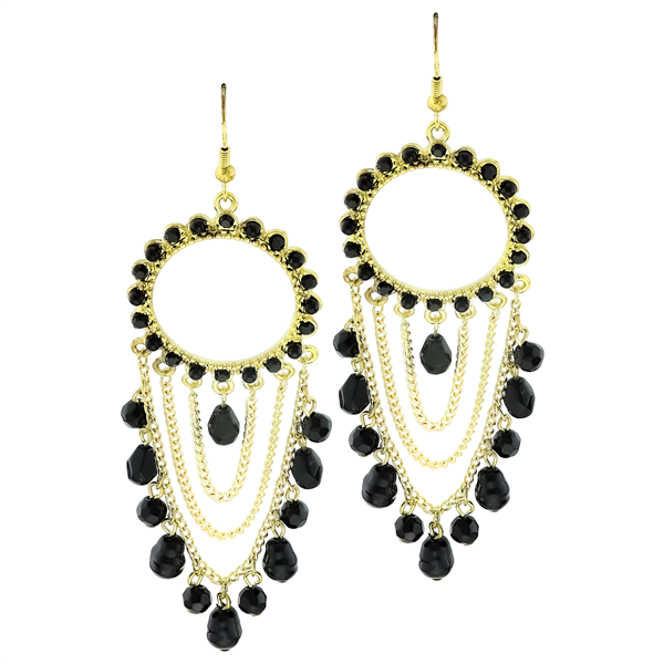 Stylish & Chic Black Crystal Stone Chain Linked Gold Toned Post Dangle Earrings