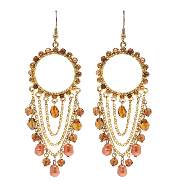 Stylish & Chic Brown & Pink Colored Crystal Stone Chain Linked Gold Toned Post Dangle Earrings