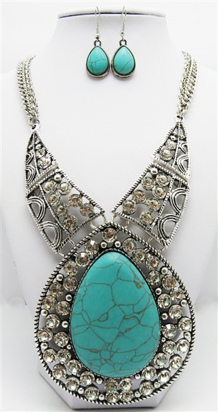 Fashion Statement Silver-Tone Decorative Sparkling Diamond & Turquoise Stone Necklace Set
