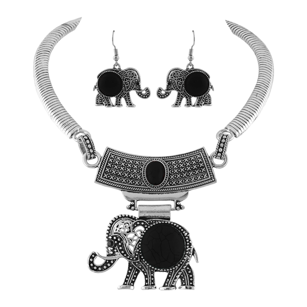 Silver and Black Boho-Style Elephant Necklace Set