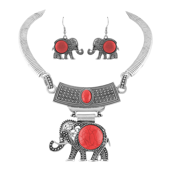 Silver and Red Boho-Style Elephant Necklace Set