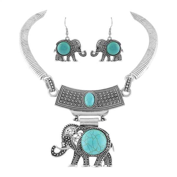 Silver and Turquoise Boho-Style Elephant Necklace Set