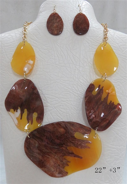 Fashion Bulky Brown & Yellow Acrylic Gold Toned Necklace Set