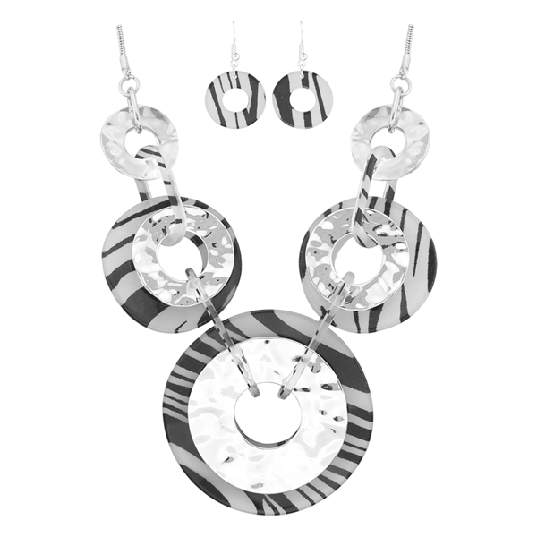 Stylish Lively Wild Acrylic Round Charms Zebra Fish Hook Earrings Silver Toned Necklace Set