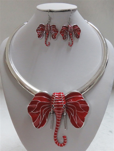 Fashion Red & Silver Elephant Face Silver Toned Necklace Set