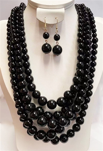 Multi-Layered Black Pearl Gold Toned Necklace Set