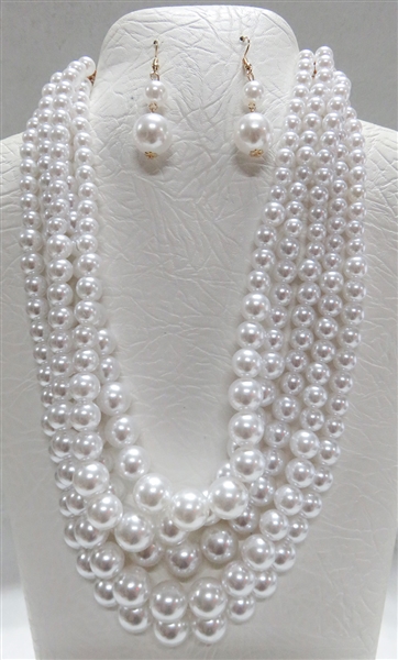 Multi-Layered White Pearl Gold Toned Necklace Set