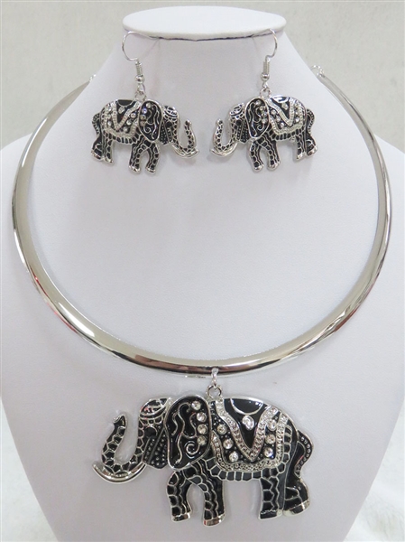 Bohemian Style Diamond & Jet Crystal Black & Silver Elephant Silver Toned Necklace Set