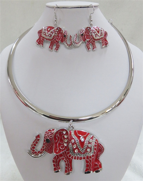 Bohemian Style Diamond & Jet Crystal Red & Silver Elephant Silver Toned Necklace Set