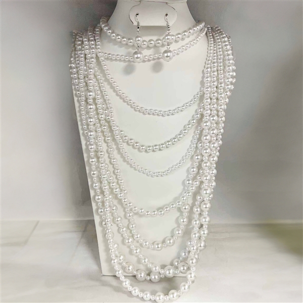 Fashion Multi-Layered Variety Sized White Faux Pearls Long Necklace Set