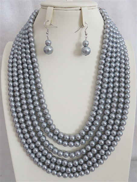 Multi-Layered Light Grey Pearl Silver Toned Necklace Set